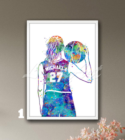 Personalized girl basketball player watercolor print - custom name and jersey number sports wall art