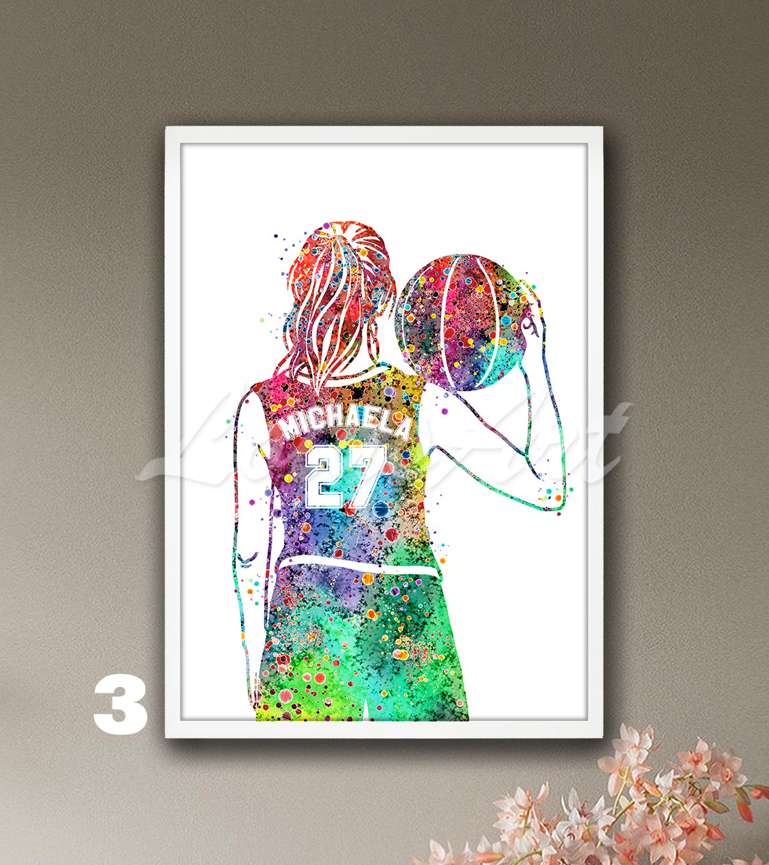 Personalized girl basketball watercolor sports art decor - custom name and jersey number I rainbow tones