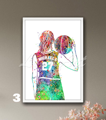 Personalized girl basketball watercolor sports art decor - custom name and jersey number I rainbow tones