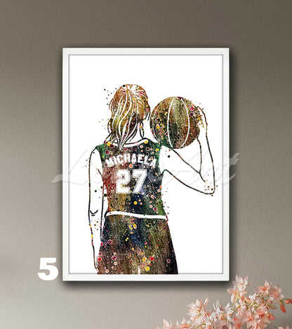 Personalized girl basketball player watercolor wall art - custom sports decor in brown tones