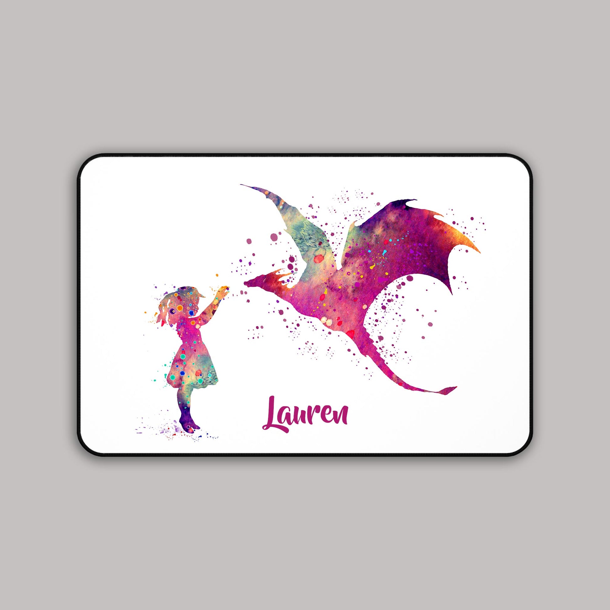 Personalized girl and dragon watercolor mouse pad - custom name fantasy desk mat