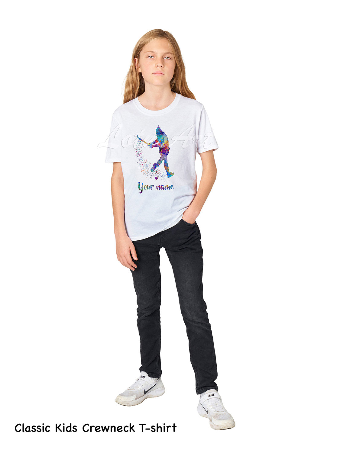 Girl wearing personalized with name field hockey t-shirt watercolor sports art, classic kids crewneck cotton tee XS to XL