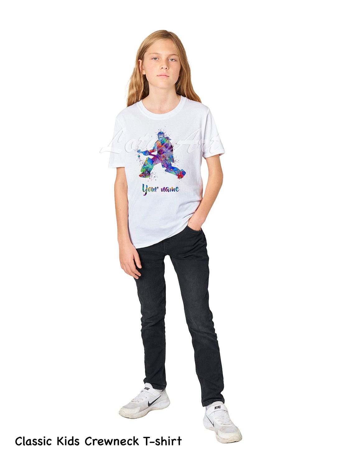 Personalized field hockey goalie kids t-shirt custom name, watercolor sports art, classic kids crewneck cotton tee