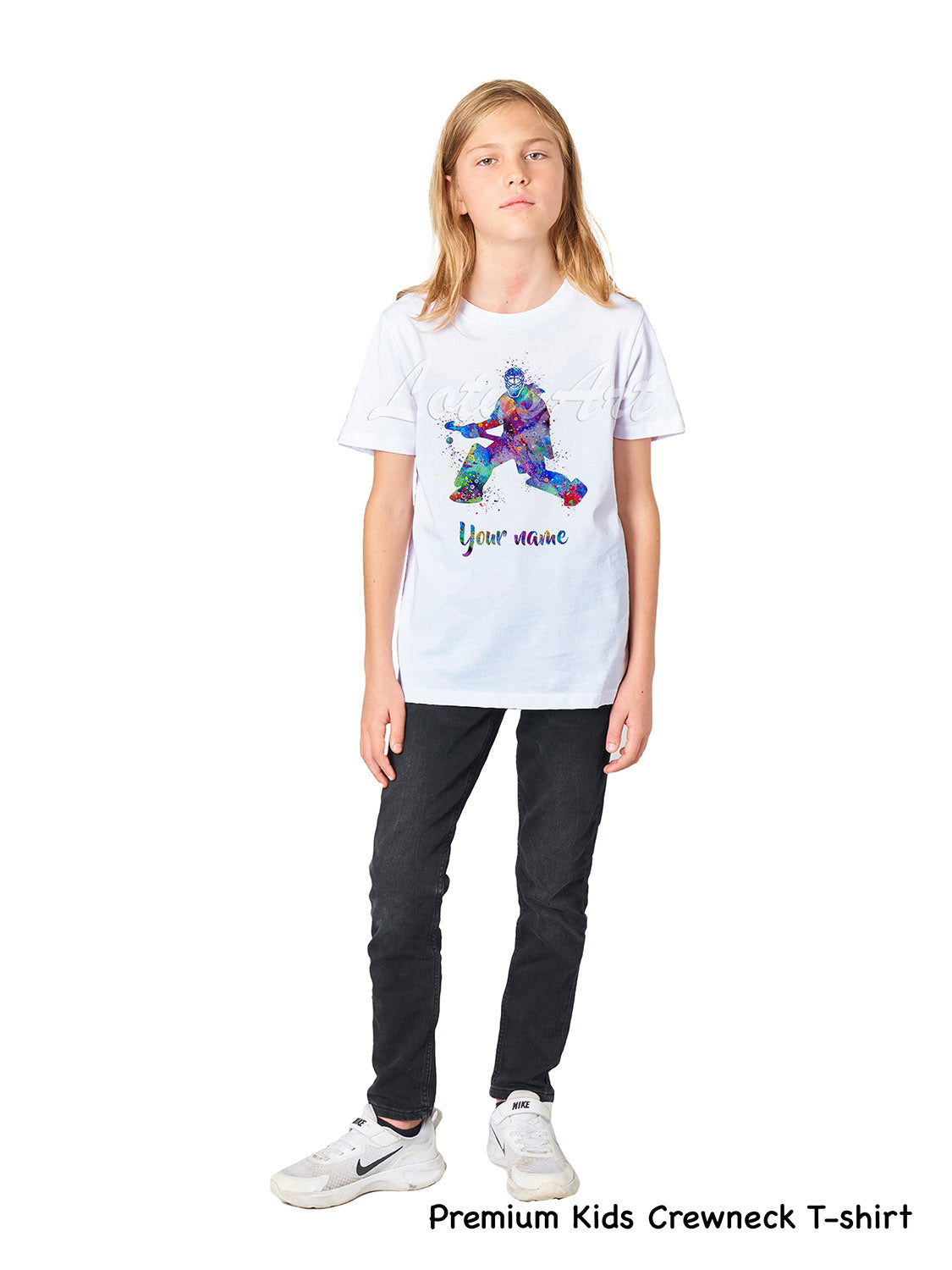 Personalized field hockey goalie kids t-shirt custom name, watercolor sports art, premium kids crewneck cotton tee