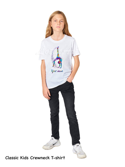 Girl wearing personalized gymnastics tumbling watercolor sports tee, classic kids crewneck cotton tee XS to XL