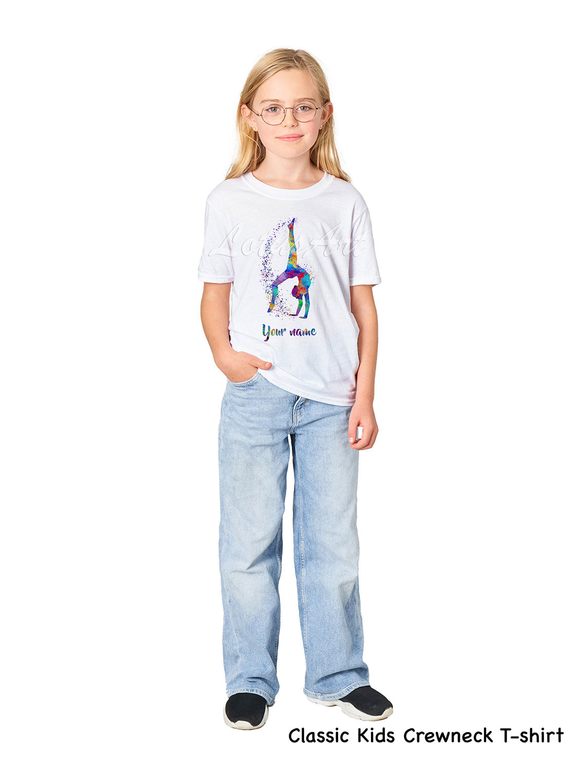 Girl wearing personalized gymnastics tumbling watercolor art sports tee, classic kids crewneck cotton tee XS to XL
