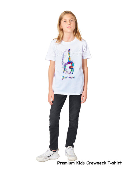 Girl wearing personalized gymnastics tumbling watercolor sports tee, premium kids crewneck cotton tee XS to XL