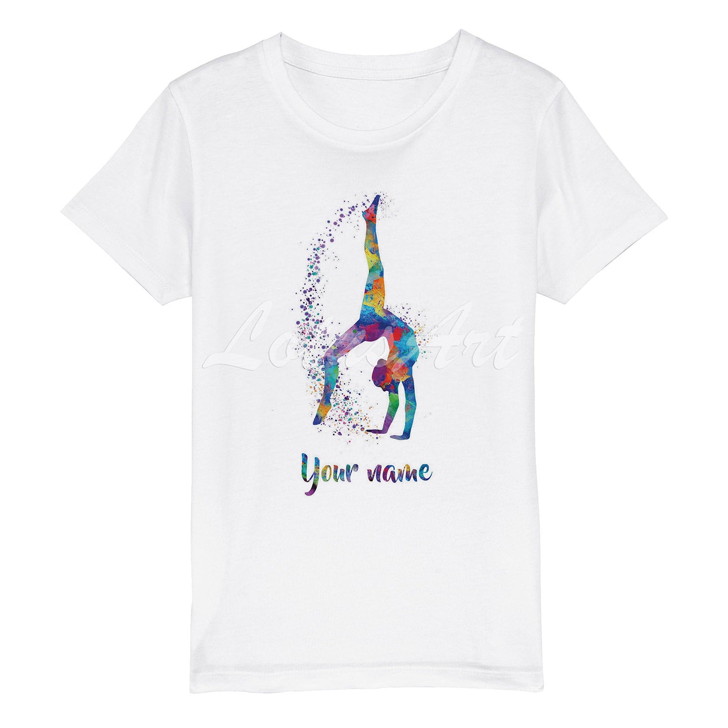 Personalized girl gymnastics tumbling watercolor sports t-shirt, white cotton kids tee with name XS to XL