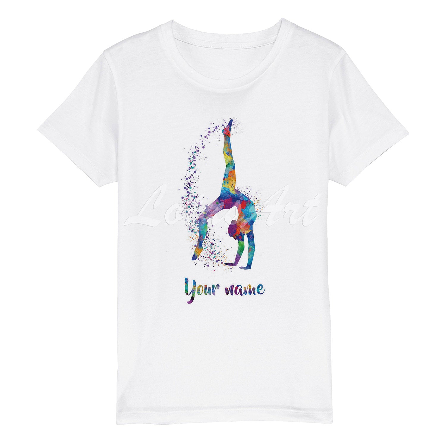 Personalized girl gymnastics tumbling watercolor sports t-shirt, white cotton kids tee with name XS to XL