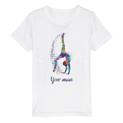 Personalized girl gymnastics tumbling watercolor sports t-shirt, white cotton kids tee with name XS to XL
