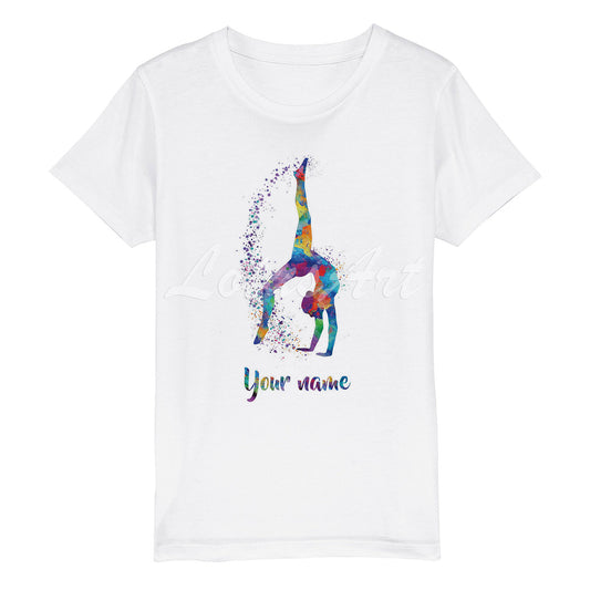 Personalized girl gymnastics tumbling watercolor sports t-shirt, white cotton kids tee with name XS to XL