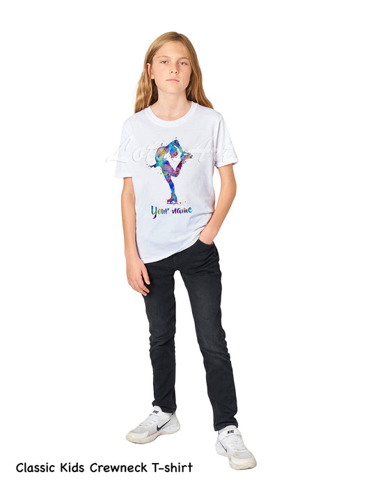 Personalized girl ice skating t-shirt watercolor figure skating cotton tee, classic kids crewneck XS to XL
