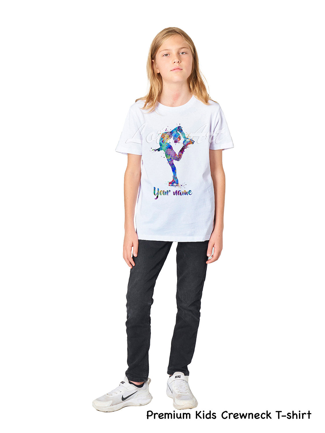 Personalized girl ice skating t-shirt premium kids crewneck watercolor figure skating tee XS to XL