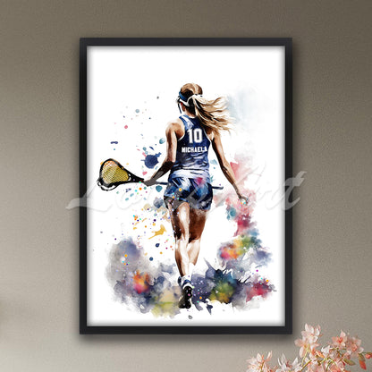 Personalized girl lacrosse watercolor sports art with custom name & jersey number in black wooden frame - kids room decor