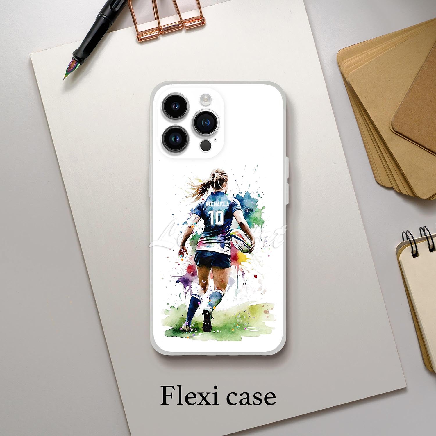 Personalized female rugby sports phone case watercolor art, for girl athletes, printed flexi case lifestyle