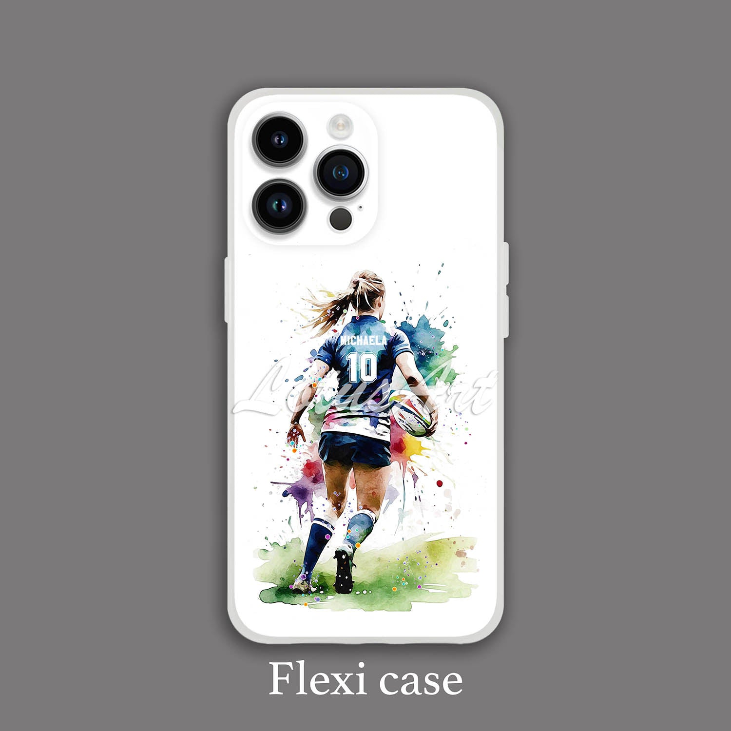 Personalized female rugby sports phone case watercolor art, for girl athletes, printed flexi case front view iPhone