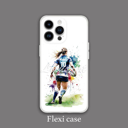 Personalized female rugby sports phone case watercolor art, for girl athletes, printed flexi case front view iPhone