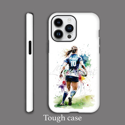Personalized female rugby phone case watercolor art print, for girl athletes, tough case side view iPhone