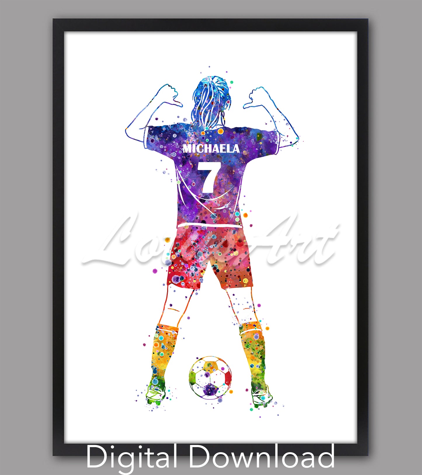 Personalized girl soccer watercolor art – digital download sports decor with custom name & jersey number in rainbow colors