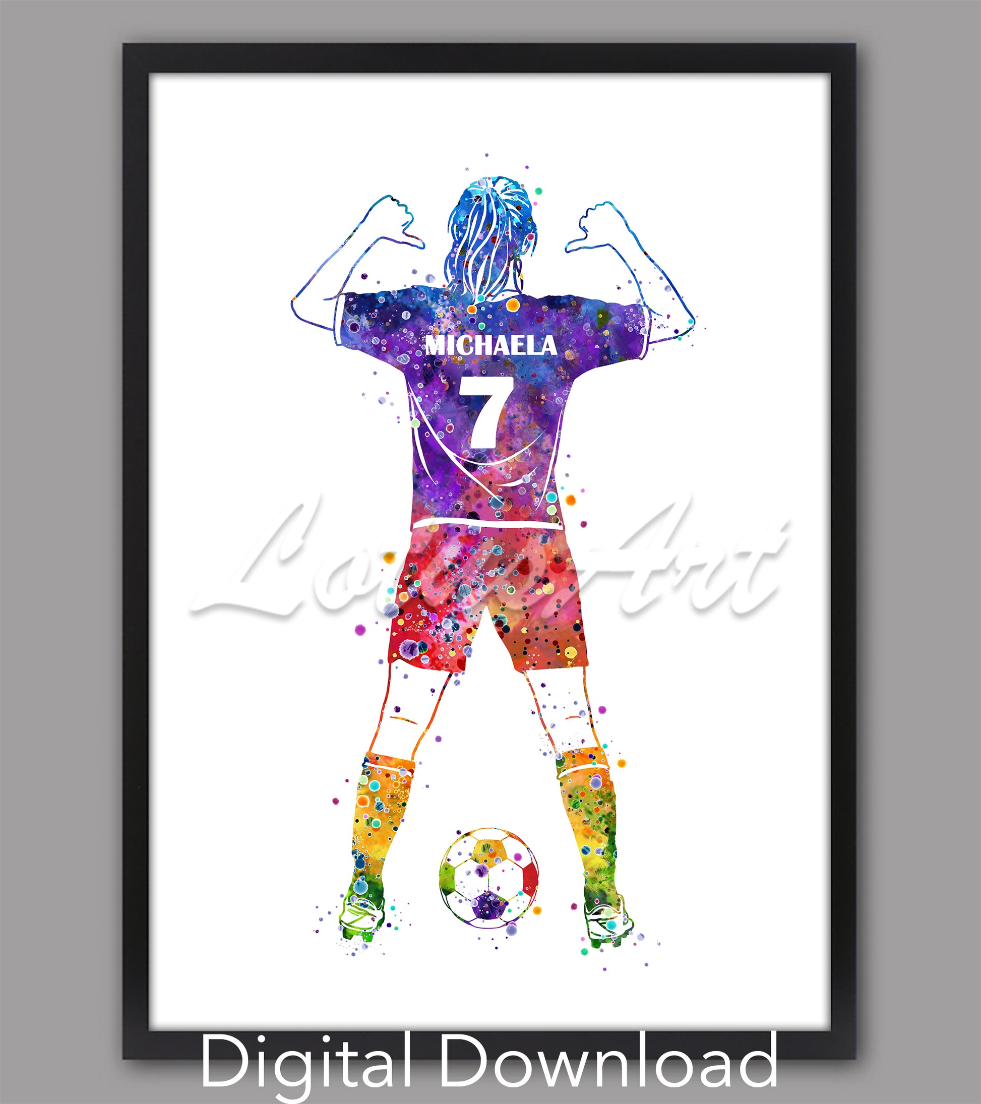 Personalized girl soccer watercolor art – digital download sports decor with custom name & jersey number in rainbow colors