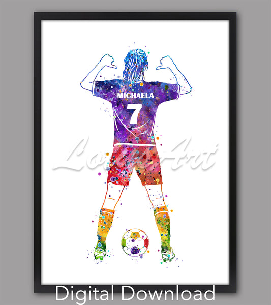Personalized girl soccer watercolor art – digital download sports decor with custom name & jersey number in rainbow colors