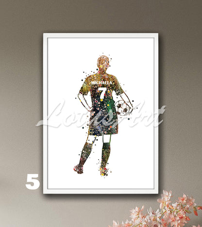 Personalized girl soccer watercolor sports decor with custom name & jersey number in brown colors - kids room wall art