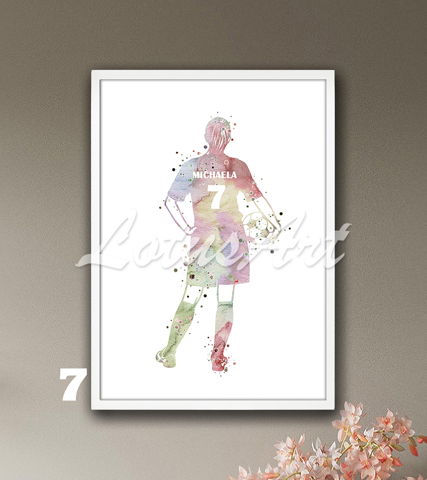 Personalized girl soccer watercolor sports artwork with custom name & jersey number in pastel colors - kids room decor