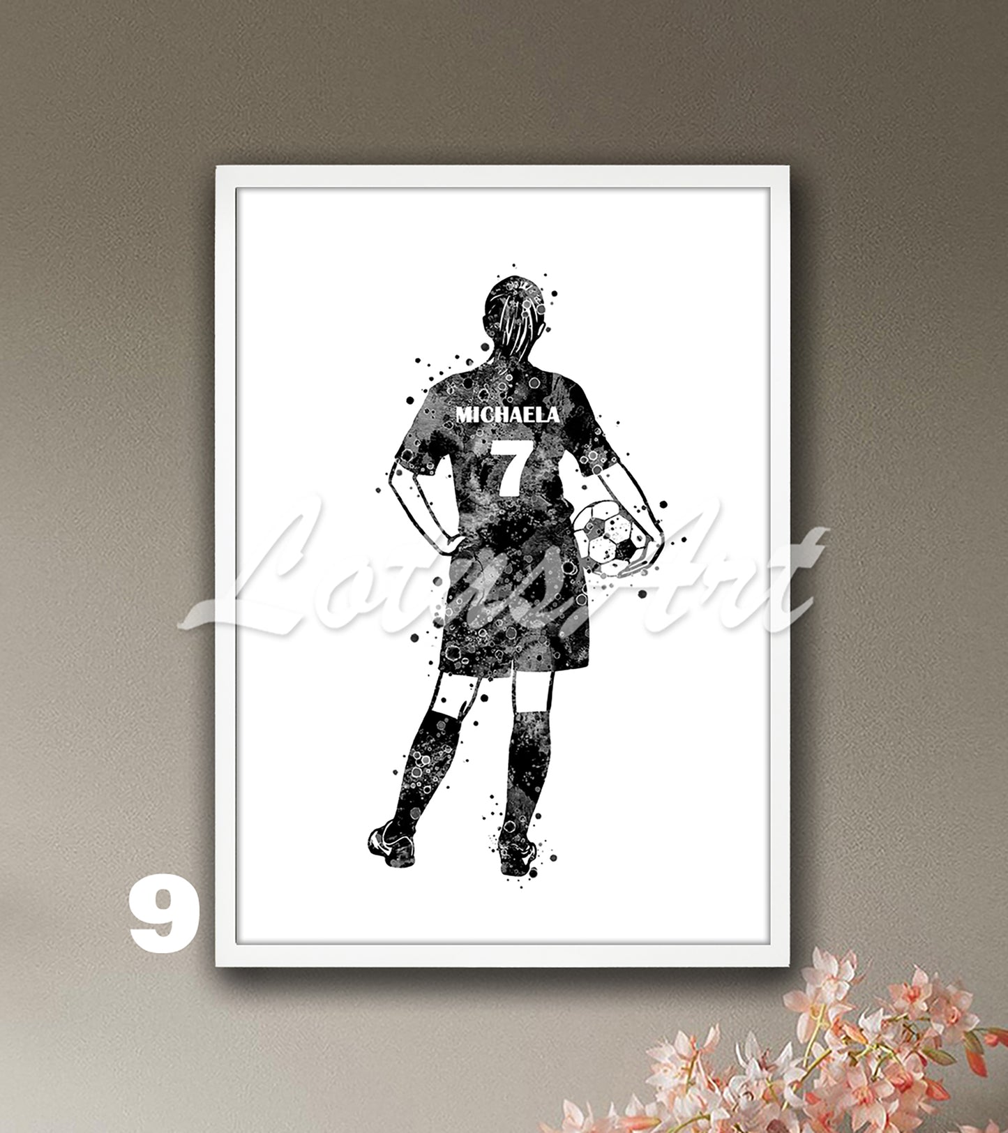 Personalized girl soccer watercolor sports poster with custom name & jersey number in black-white - kids room wall decor