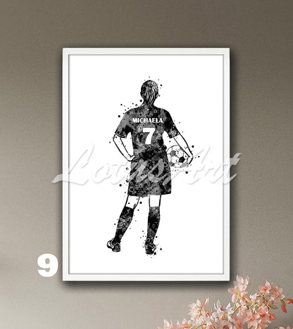 Personalized girl soccer watercolor sports poster with custom name & jersey number in black-white - kids room wall decor