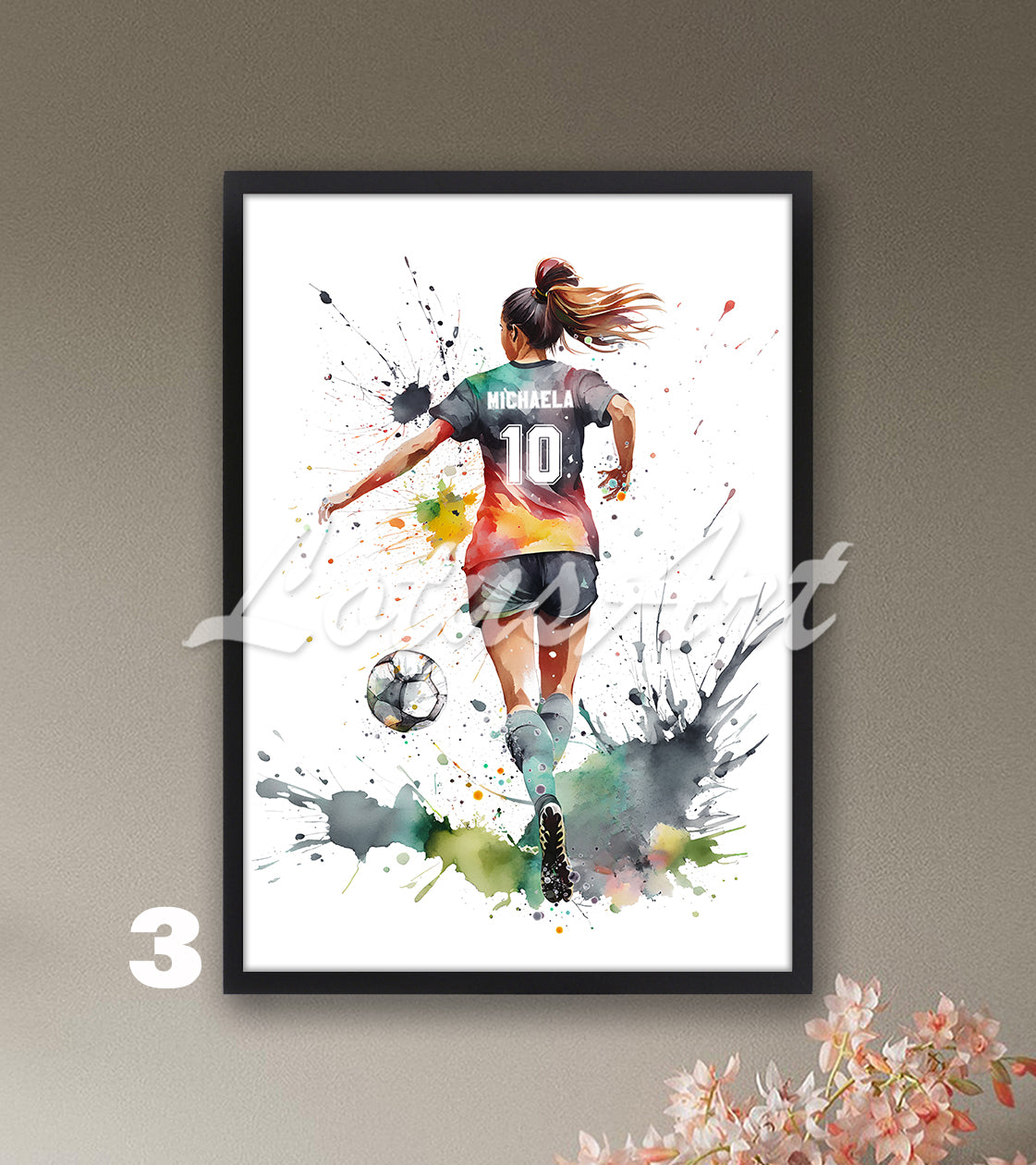 Personalized girl soccer watercolor sports art with custom name & jersey number in colorful tones - kids room wall art