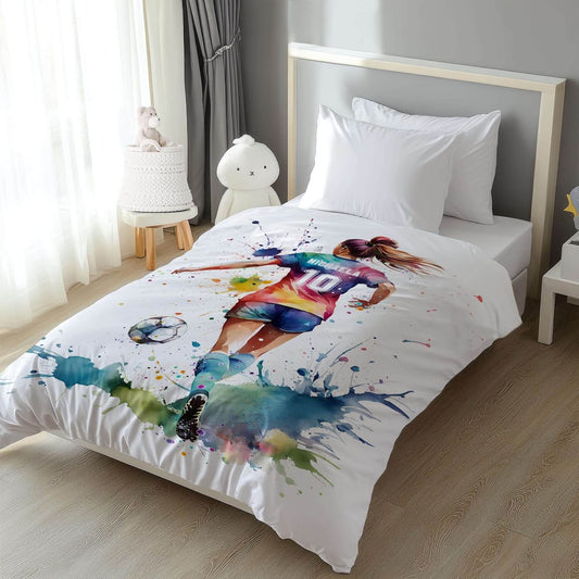 Personalized soccer girl duvet cover watercolor sports bedding - custom name and jersey number on bed in bright room