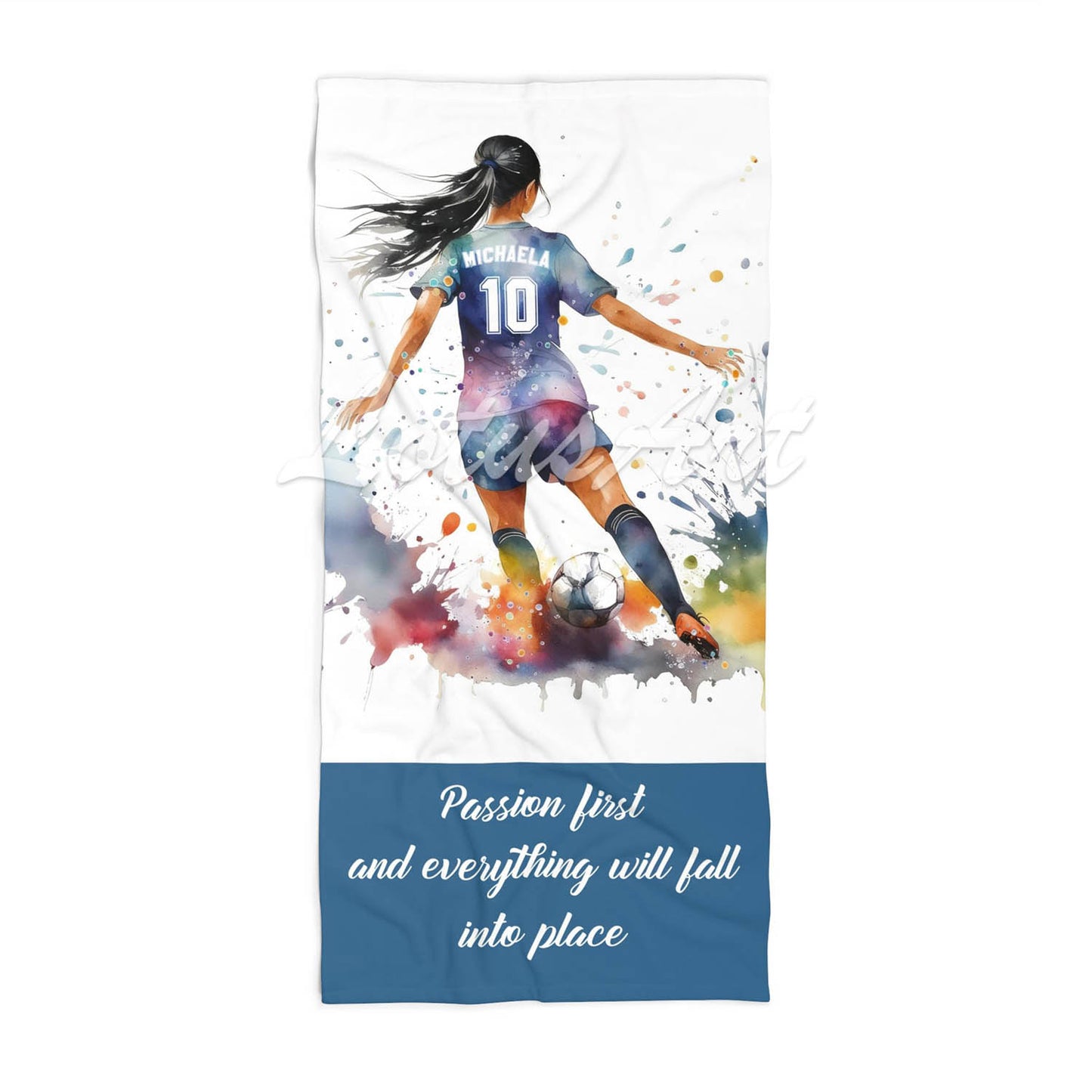 Personalized girl soccer sports beach towel custom name number, multicolor watercolor football art front view