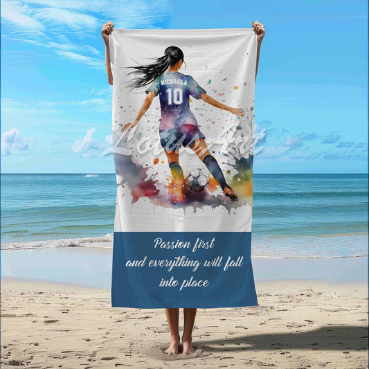 Personalized girl soccer sports beach towel custom name number, multicolor watercolor football art lifestyle beach