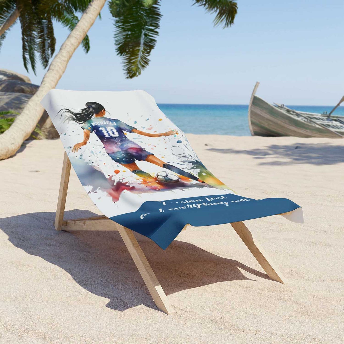 Personalized girl soccer sports beach towel custom name number, multicolor watercolor football art on a lounger