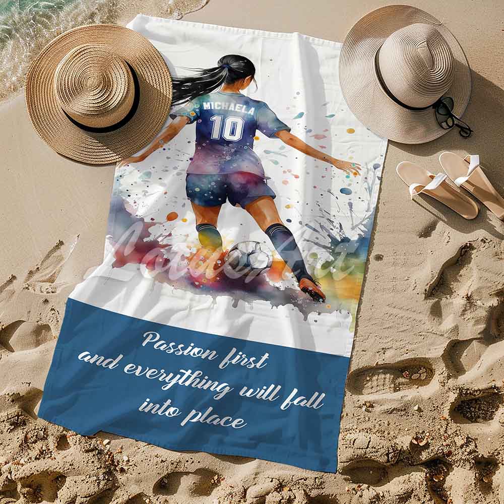 Personalized girl soccer sports beach towel custom name number, multicolor watercolor football art lifestyle sand