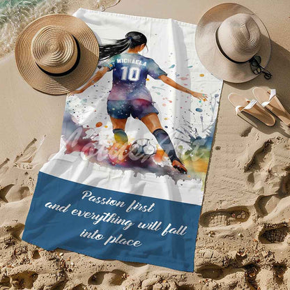 Personalized girl soccer sports beach towel custom name number, multicolor watercolor football art lifestyle sand
