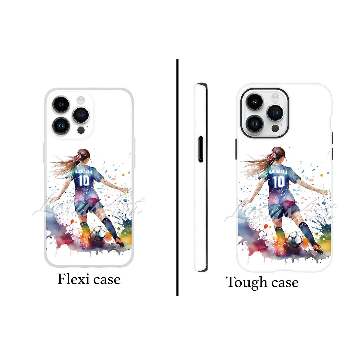 Personalized girl soccer sports phone case colorful football watercolor art, custom name & jersey number, flexi & tough case