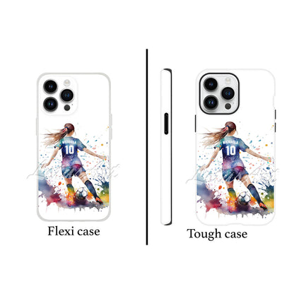 Personalized girl soccer sports phone case colorful football watercolor art, custom name & jersey number, flexi & tough case