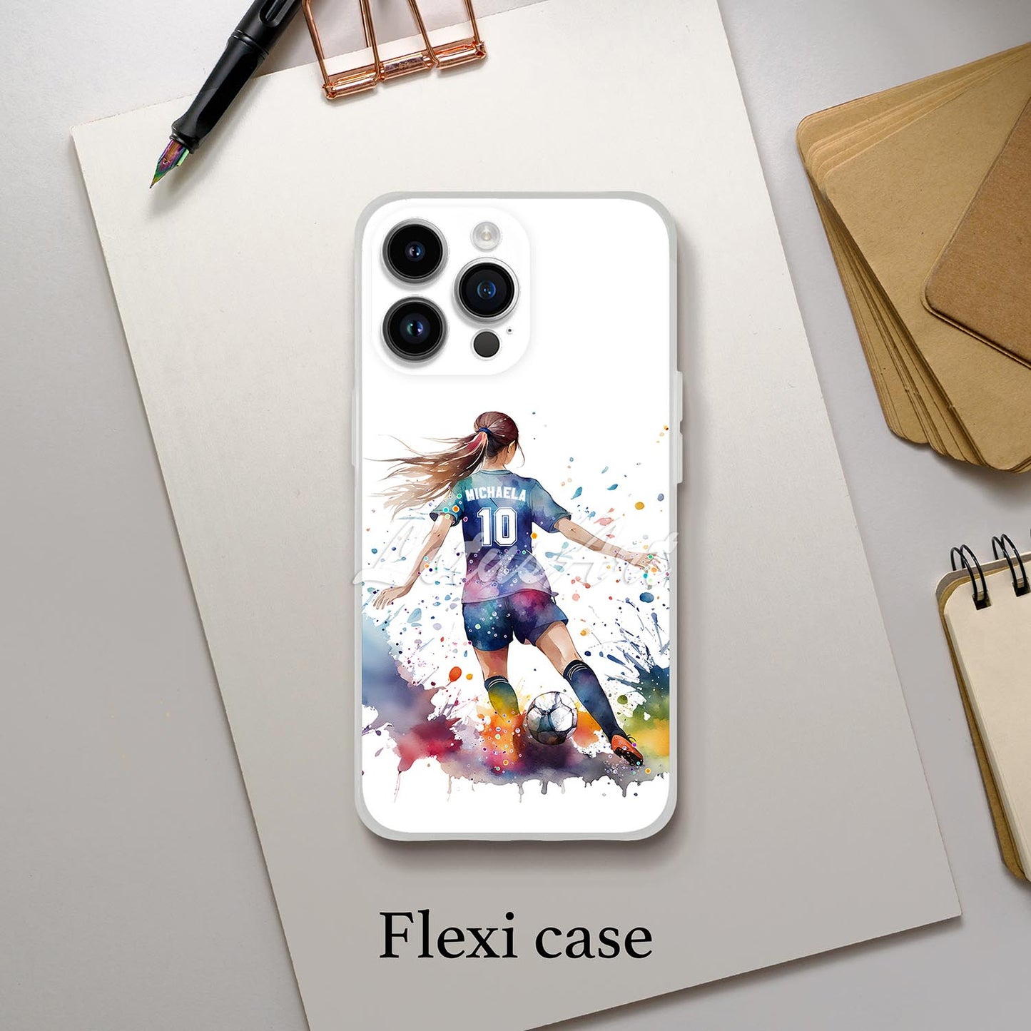 Personalized girl soccer sports phone case colorful watercolor football art print, custom name & number, flexi case iPhone