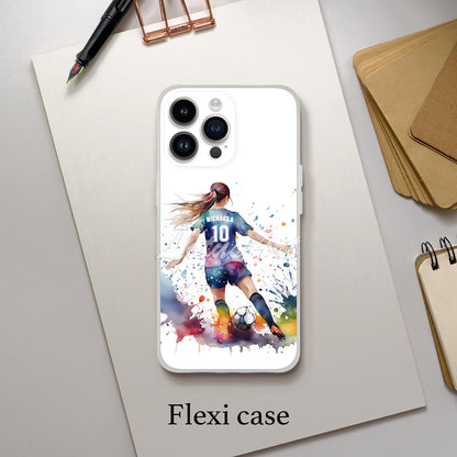 Personalized girl soccer sports phone case colorful watercolor football art print, custom name & number, flexi case iPhone