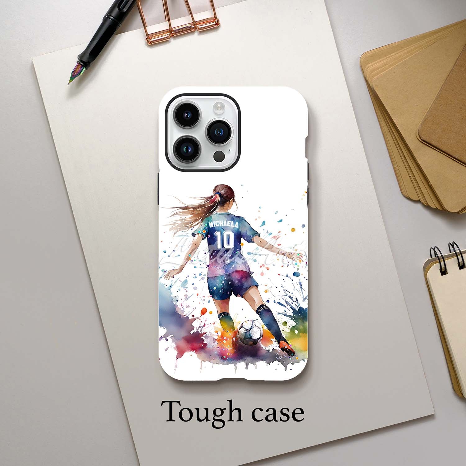 Personalized girl soccer sports phone case colorful watercolor football art, custom name & jersey number, tough case iPhone