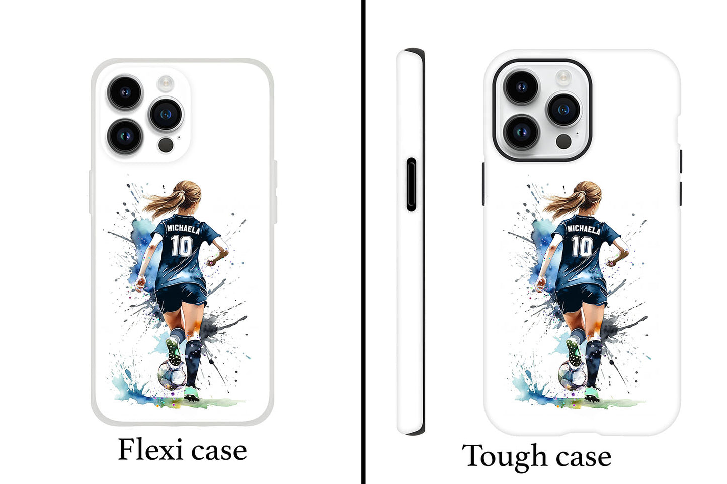 Personalized girl soccer sports phone case football watercolor art, custom name & number, flexi case and tough case front view