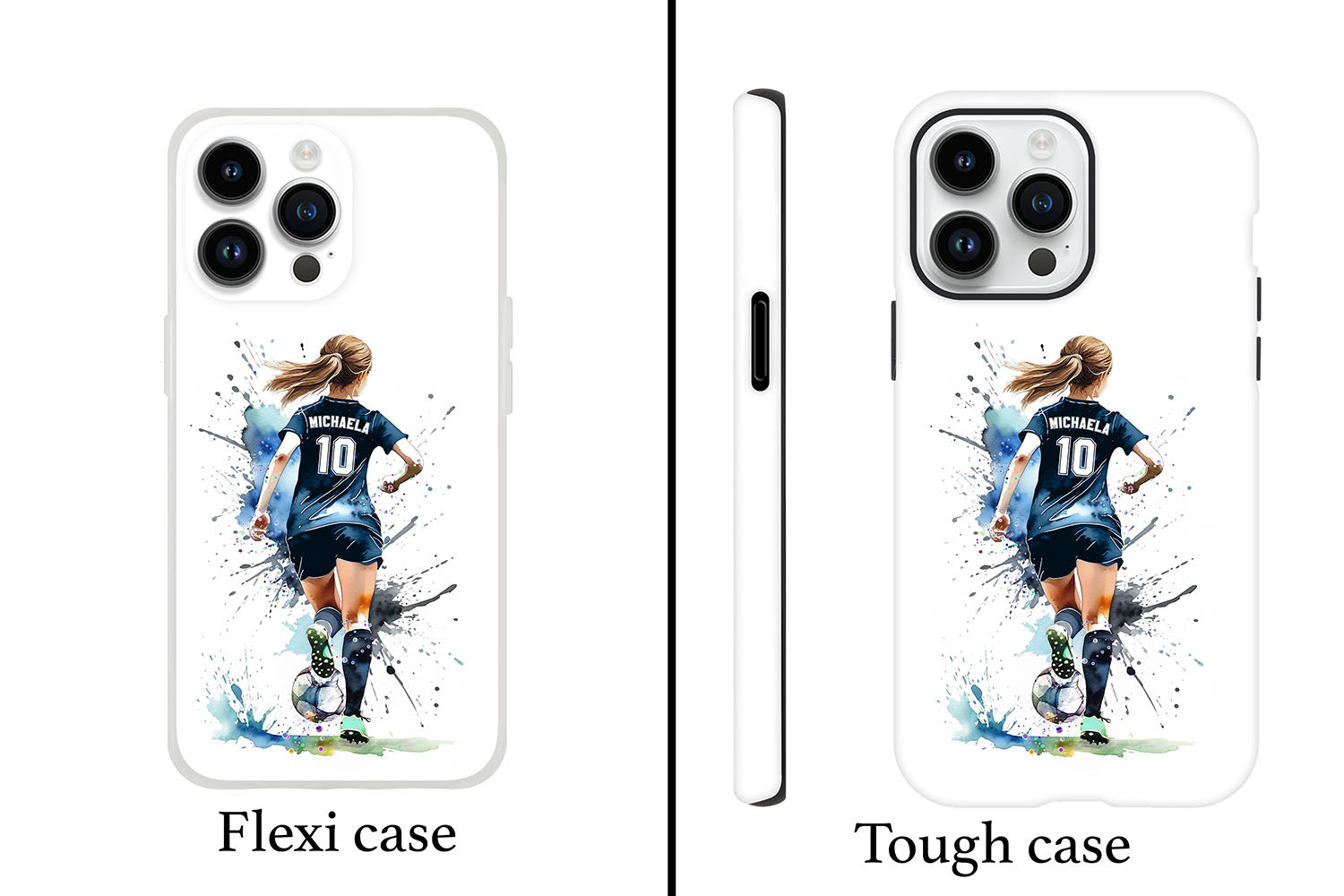 Personalized girl soccer sports phone case football watercolor art, custom name & number, flexi case and tough case front view