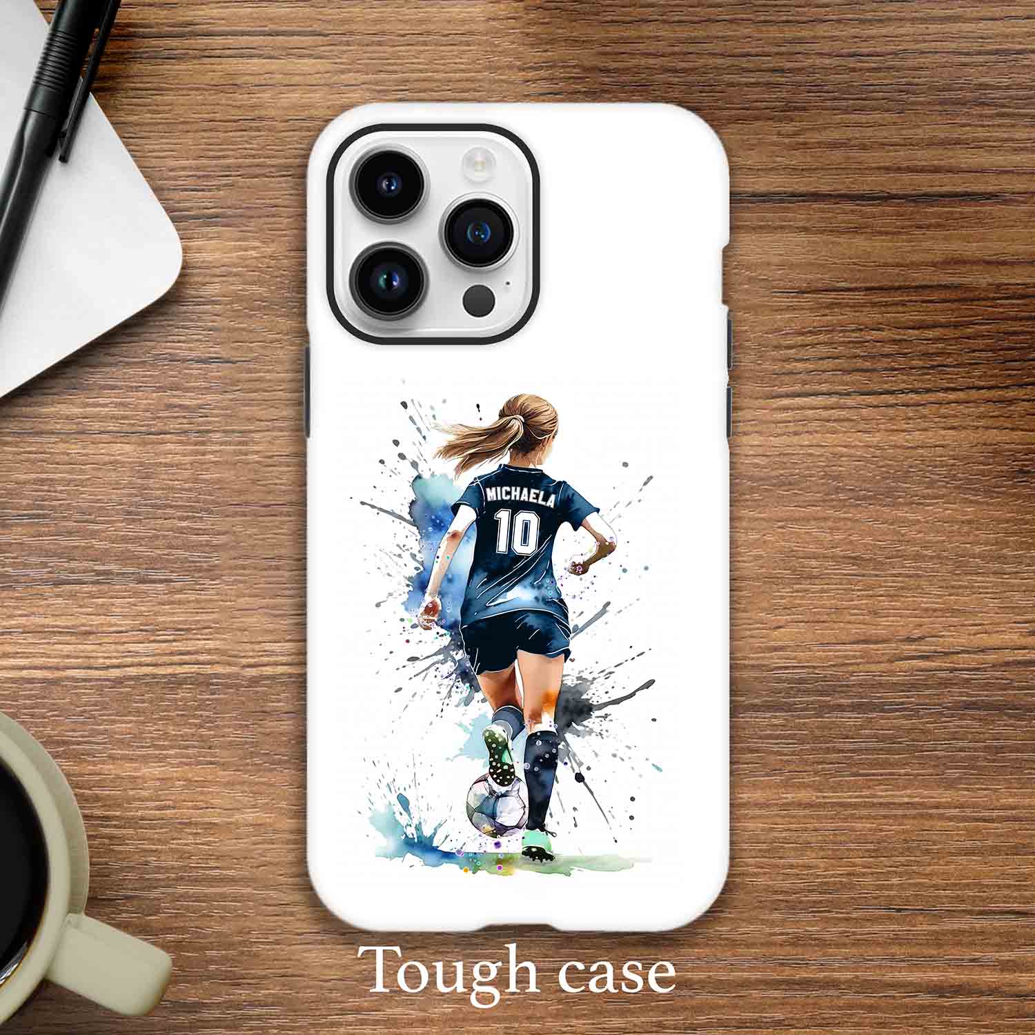 Personalized girl soccer sports phone case football watercolor, dark blue jersey, custom name & number, tough case iPhone