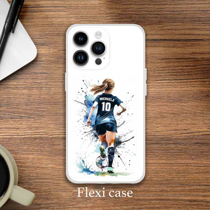 Personalized girl soccer sports phone case watercolor art, dark blue football kit, custom name & number, flexi case iPhone