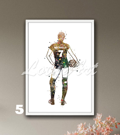 Personalized girl volleyball watercolor sports art print with custom name and jersey number - kids room wall art
