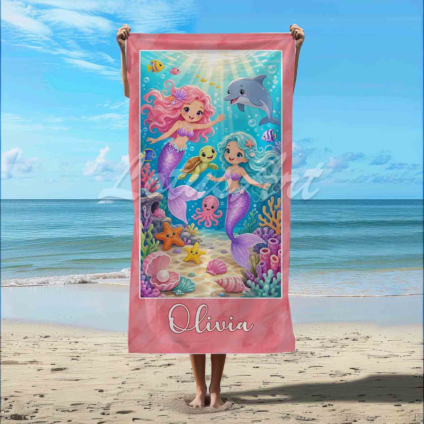 Personalized girls pink beach towel mermaid art custom name gift, sea animals design, beach