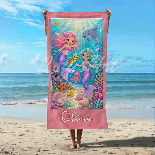 Personalized girls pink beach towel mermaid art custom name gift, sea animals design, beach