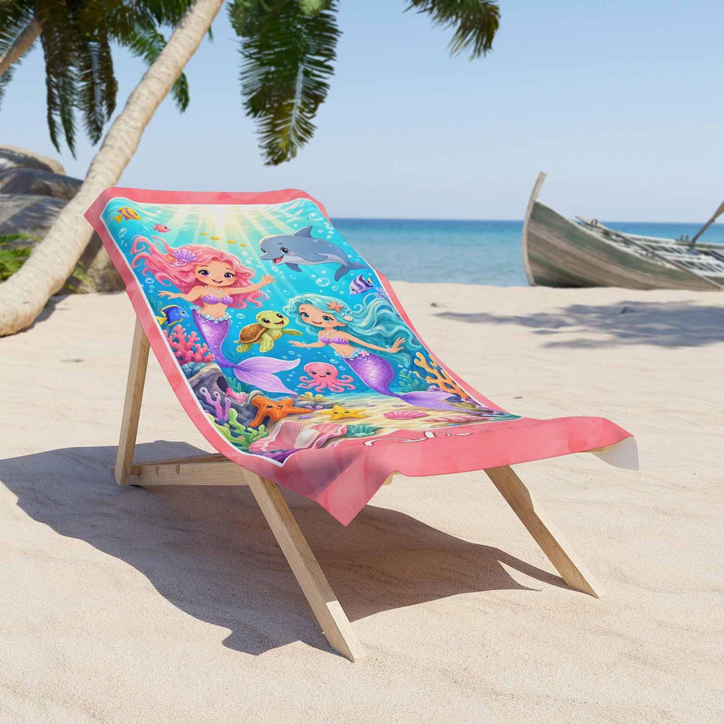 Personalized girls pink beach towel mermaid art custom name gift, sea animals artwork, lounger