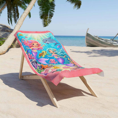 Personalized girls pink beach towel mermaid art custom name gift, sea animals artwork, lounger